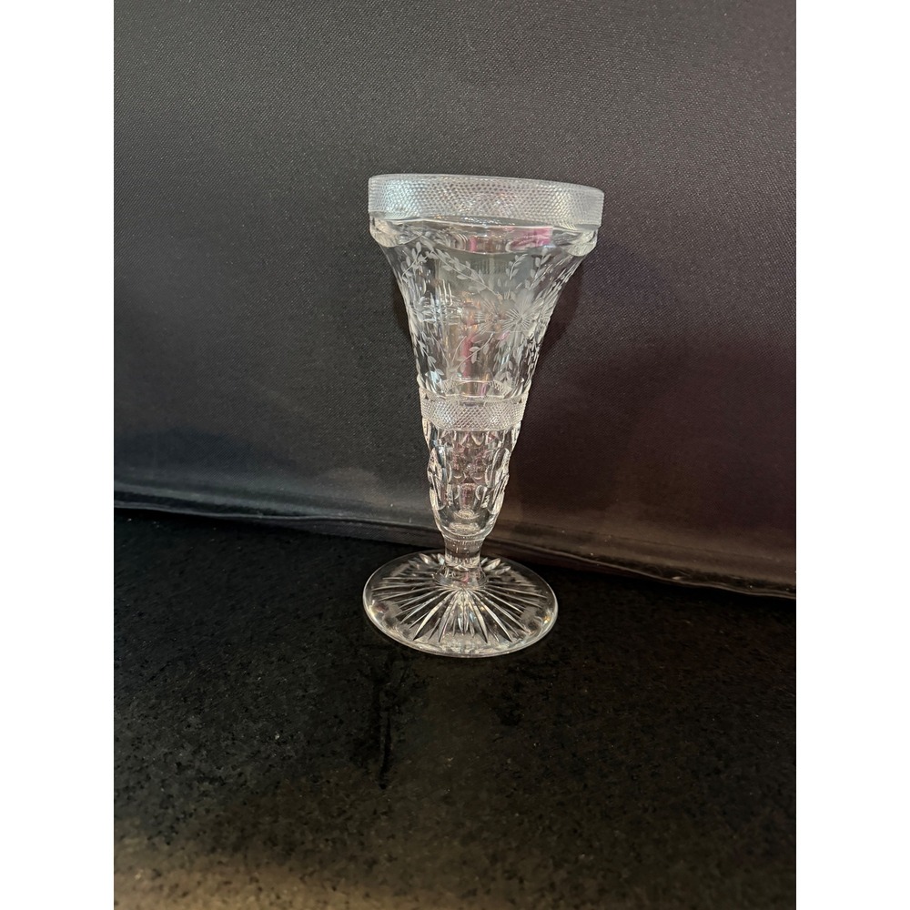 VTG Cut Crystal Trumpet Vase Etched Floral/Diamond Mesh Lattice Clear Art Glass